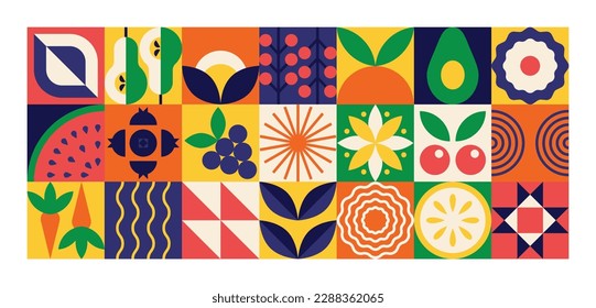 Geometric food pattern. Abstract minimal floral banner, natural organic fruit plant simple shapes. Vector illustration