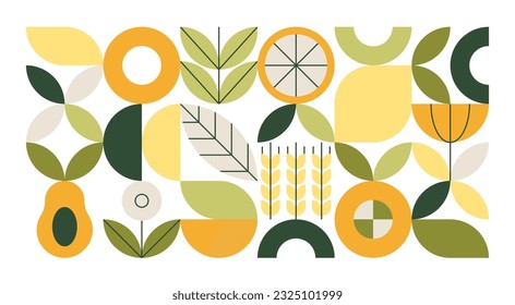 Patrón de alimentación geométrica. Resumen de elementos de la naturaleza mosaico, plantas frutales formas orgánicas bauhaus diseño mínimo banners. Afiche del vector