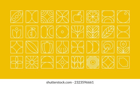 Geometric food pattern. Minimal line natural organic fruit vegetables plant shapes, brand identity design. Vector set