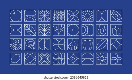 Geometric food pattern. Minimal linear natural organic fruit vegetables plant shapes, brand identity design. Vector simple set