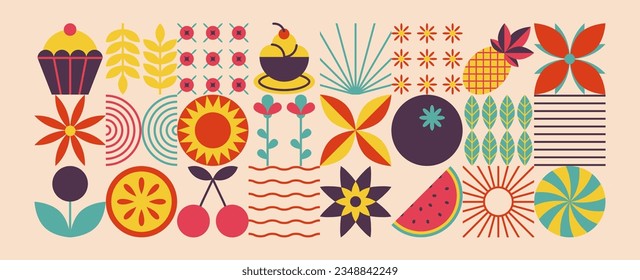 Geometric food pattern. Natural organic fruit flower shapes, modern brand identity package menu design. Vector background