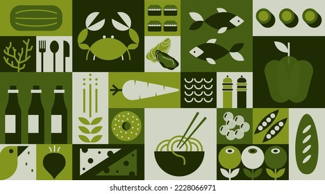 Geometric food pattern. Simple fruit vegetable seafood grocery background bauhaus style, organic products. Vector design