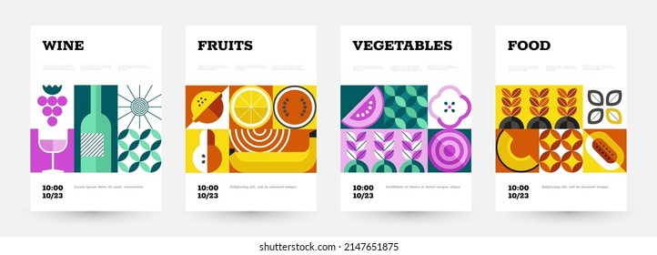 Geometrisches Lebensmittelplakat. Abstrakter Plakat mit minimalistischem Obst und Gemüse für den Lebensmittelmarkt und Lebensmittelgeschäft. Vektorset. Faire Ankündigung mit Wein, Zitrusfrüchten, Bananen, Melonen und Birnen