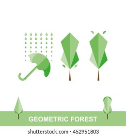 Geometric forest - green illustration. Colored trees, umbrella and rain. Flat graphics.