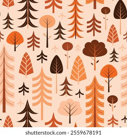 Geometric forest seamless pattern. Nordic pattern with different trees. Minimalistic Scandinavian background. Autumn wood ornament for wallpapers, prints, textiles and fabric design.