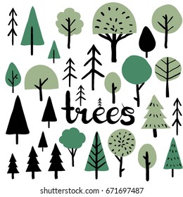 Geometric forest set. Simple minimalist trees. Cartoon hand drawn Vector illustration. Colorful design for web banners, printed materials, web sites