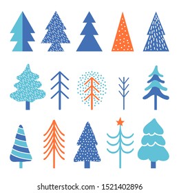 Geometric forest set in vector. Simple minimalist trees. Scandinavian style. Huge. Cartoon Vector illustration. Colorful design for web banners, printed materials. Christmas trees and winter trees.