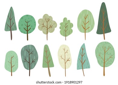 Geometric forest set in vector, Simple minimalist trees, Scandinavian style Huge, Cartoon Vector illustration Christmas trees 