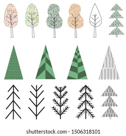 Geometric forest set winter and autumn. Simple isolated trees. Scandinavian cute design for web banners, printed materials, textile, web sites