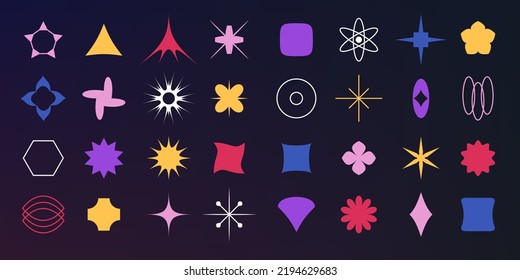 Geometric forms. Abstract shapes. Isolated star elements. Retro geometry figures set. Silhouette crosses and flowers. Contemporary basic lines. Squares and circles. Vector modern design