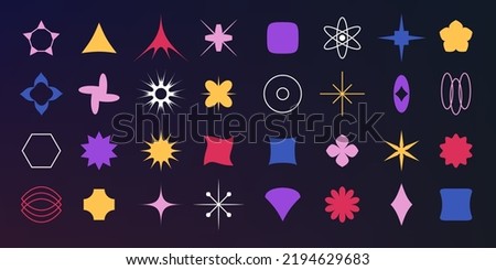 Geometric forms. Abstract shapes. Isolated star elements. Retro geometry figures set. Silhouette crosses and flowers. Contemporary basic lines. Squares and circles. Vector modern design