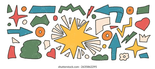 Geometric forms crayon drawn set. Stars, crown, arrows vector figures by pencil Organic colorful playful stickers doodle isolated on white background. Graphic hand drawn funky element with stroke.