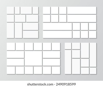 Geometric forms layout set. Portfolio images presentation. Mosaic pictures. Moodboard grid. Photo collage template. Album brandboard. Gallery banner. Retro background. Vector illustration