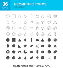 Geometric Forms Line Web Glyph Icons. Vector Illustration of Platonic Solids Outline and Flat Symbols. 