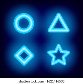 Geometric forms with neon effect vector. Circle and triangle, rhombus and star glowing with blue light. Shapes on brick background. Abstract signboards flat style illustration decorative elements