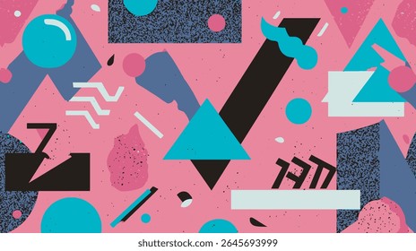 As formas geométricas se espalham contra uma tela de fundo abstrata rosa vivo