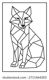 Página para colorear de zorro geométrico imprimible. Arte de línea animal de baja poli para adultos y adolescentes