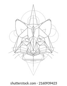 Geometric Fox head tattoo sketch. Polygonal Black ink tattoo with fox, cat, cougar. Trendy body decoration vector illustration isolated and white background