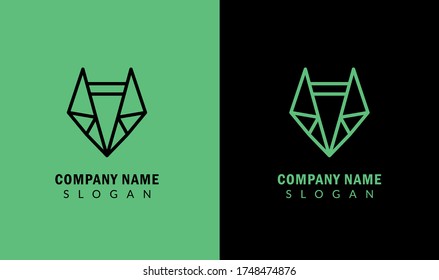 Geometric Fox logo design in black and neon green versions. Vector logo template for companies.