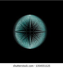 Geometric fractal on black background. Bright neon circle. Abstract grid. Vector illustration