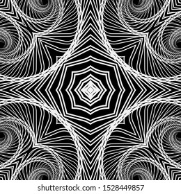Geometric fractals black and white vector seamless pattern. Abstract ornamental fractal lines background. Repeat geometrical backdrop. Modern tribal ethnic style line art tracery textured ornaments.