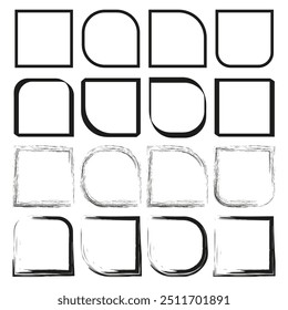 Geometric frame collection. Rounded corner shapes. Hand-drawn square outlines. Abstract border elements.