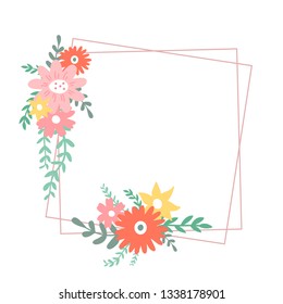 Geometric frame with decorative flowers. Flat style. Vector illustration.