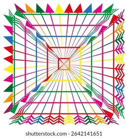 Geometric frame depth. Perspective vector lines. Bright colorful tunnel. Optical illusion square.
