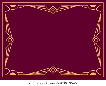 Geometric frame of gold lines on a burgundy background. Linear border. Linear design of geometric frame with space for text, invitations, flyers and greeting cards. Vector illustration