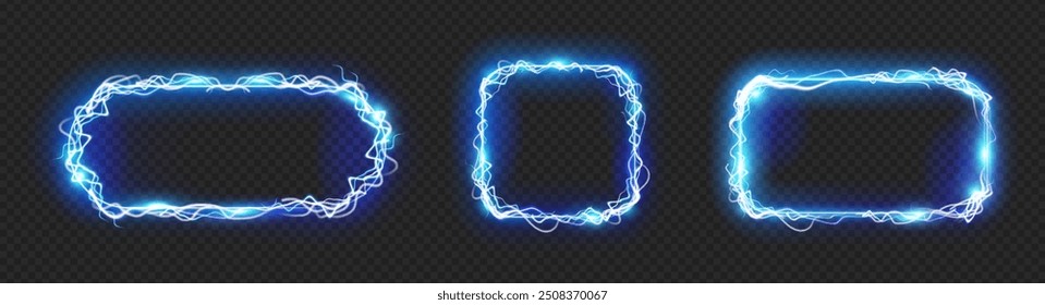 Geometric frame with lightning effect and electrical discharge glowing and sparkles. Vector isolated set of borders for banners, commercial or typography. Portals or magical energy entrance