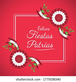 Geometric frame, message that says " Felices fiestas patrias" Decoration plant and cockade celebration independence day Peru, background red vector illustration.