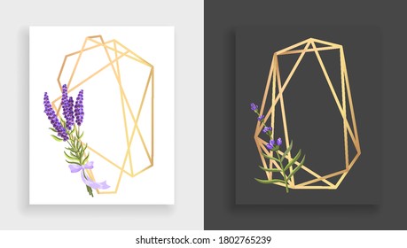 Geometric frame polyhedron. Abstract gold floral frame with leaves and branch of lilac. Luxury decorative modern polygonal geometric banner. Polyhedron closeup. Beautiful wedding card templates