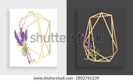 Geometric frame polyhedron. Abstract gold floral frame with leaves and branch of lilac. Luxury decorative modern polygonal geometric banner. Polyhedron closeup. Beautiful wedding card templates
