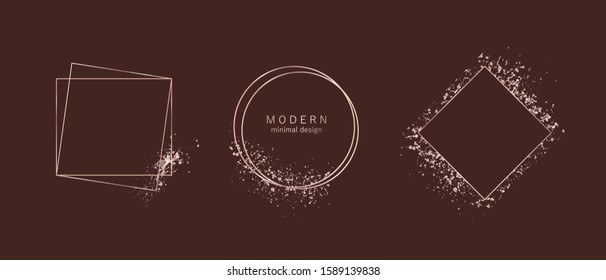 Geometric frame with rose gold texture, shiny splatters.  Geometric composition for card, invitation, save the date, logo design.
