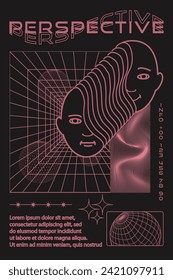 Geometric frame shapes with geometric elements in pink color. Abstract background, template, cyberpunk elements in trendy psychedelic style. Retro futuristic aesthetic of 00s Y2k.