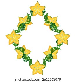 Geometric frame with star fruits and tropical leaves vector illustration 