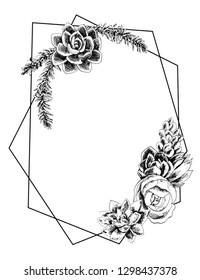 Geometric frame with succulents, hand-drawn with mascara and feather, botanical illustration. Wedding Card Invitation