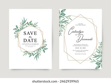 Geometric frame and watercolor leaves set for wedding invitation template