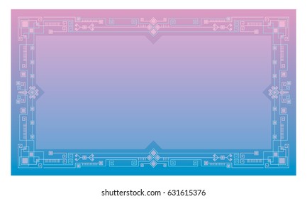 Geometric frame with white and pink elements of the folk style on gradient background. Rectangular horizontal format for posters and printed materials. Vector