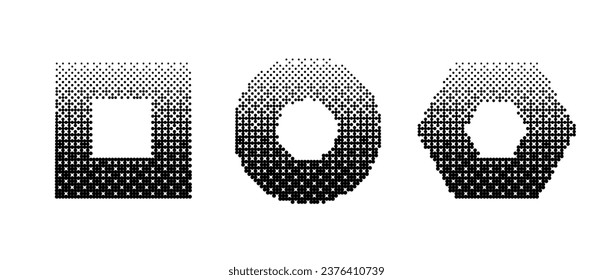 Geometric frames bitmap set. Dither gradient shapes collection. Ring, square, hexagon elements design elements for poster, banner, collage, booklet, brochure. Abstract pixelated shapes pack. Vector