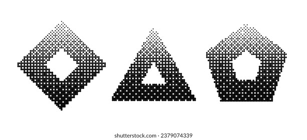 Geometric frames bitmap set. Dither gradient shapes collection. Rhomb, triangle, pentagon elements design elements for poster, banner, collage, booklet, brochure. Abstract pixelated shape pack. Vector