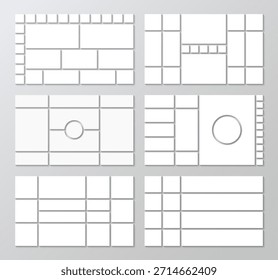 Geometric frames collage. Mosaic pictures collection. Album brandboard template. Mood board grid. Set of photo moodboard layout. Gallery banner. Organised portfolio. Vector illustration