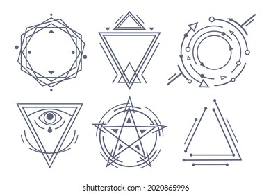 Geometric frames, magic pentagrams set isolated on white. Magic sacred circles, symbols.  Protective amulets, charms.