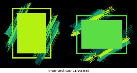 Geometric frames with paint brush strokes vector set. Box borders with painted brushstrokes on black. Educational graphics design flat frame templates for banners, flyers, posters, cards.
