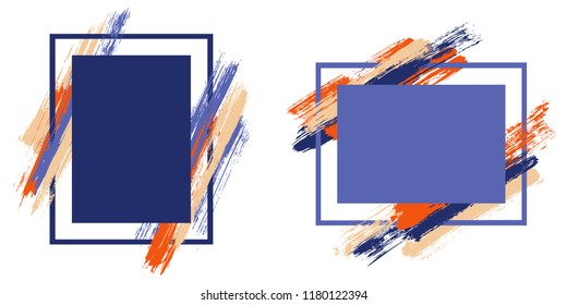 Geometric frames with paint brush strokes vector set. Box borders with painted brushstrokes backgrounds. Educational graphics design empty frame templates for banners, flyers, posters, cards.