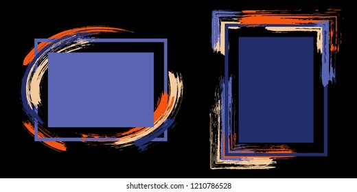 Geometric frames with paint brush strokes vector collection. Box borders with painted brushstrokes on black. Educational graphics design flat frame templates for banners, flyers, posters, cards.