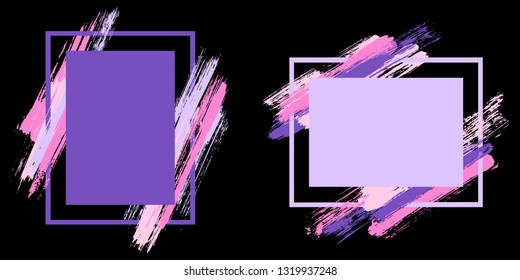 Geometric frames with paint brush strokes vector collection. Box borders with painted brushstrokes on black. Educational graphics design empty frame templates for banners, flyers, posters, cards.