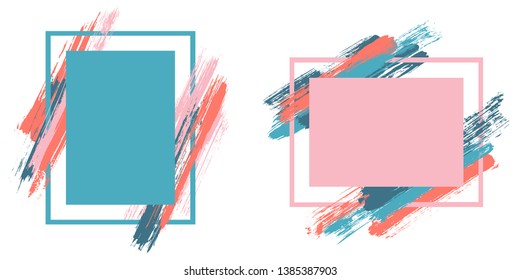 Geometric frames with paint brush strokes vector set. Box borders with painted brushstrokes backgrounds. Advertising graphics design empty frame templates for banners, flyers, posters, cards.