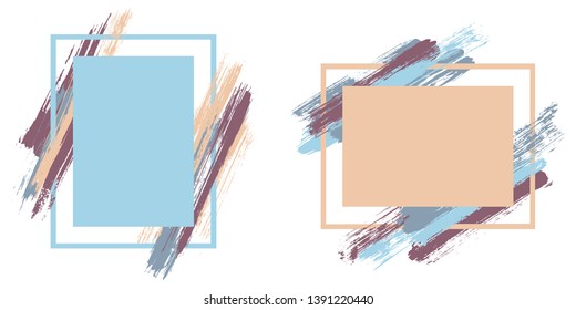 Geometric frames with paint brush strokes vector set. Box borders with painted brushstrokes backgrounds. Educational graphics design flat frame templates for banners, flyers, posters, cards.