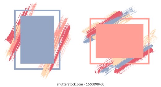 Geometric frames with paint brush strokes vector collection. Box borders with painted brushstrokes backgrounds. Advertising graphics design flat frame templates for banners, flyers, posters, cards.